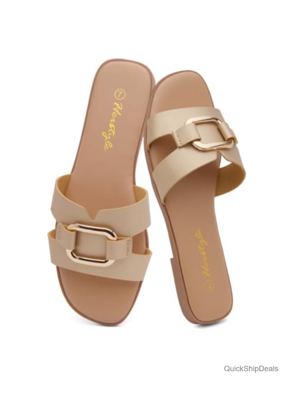 Women's Square Toe Flat Sandals with Metal Chain, Memory Foam Footbed, Slip On